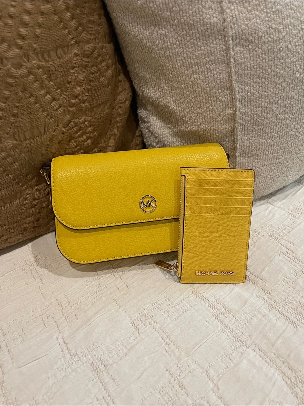 Michael Kors Bright Yellow Pebbled Leather Crossbody & Card Case